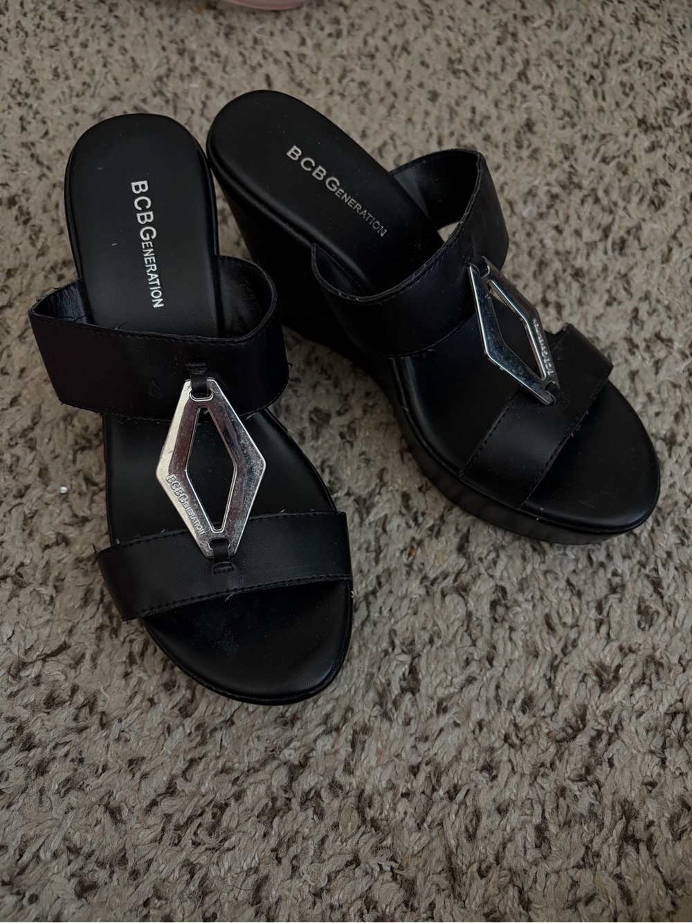 BCBGeneration Y2k Women's Black Wedges Sandals with Silver Accent